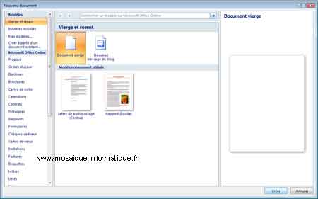 La boîte de dialogue Nouveau document de Word 2007 - MOSAIQUE Informatique - Nancy